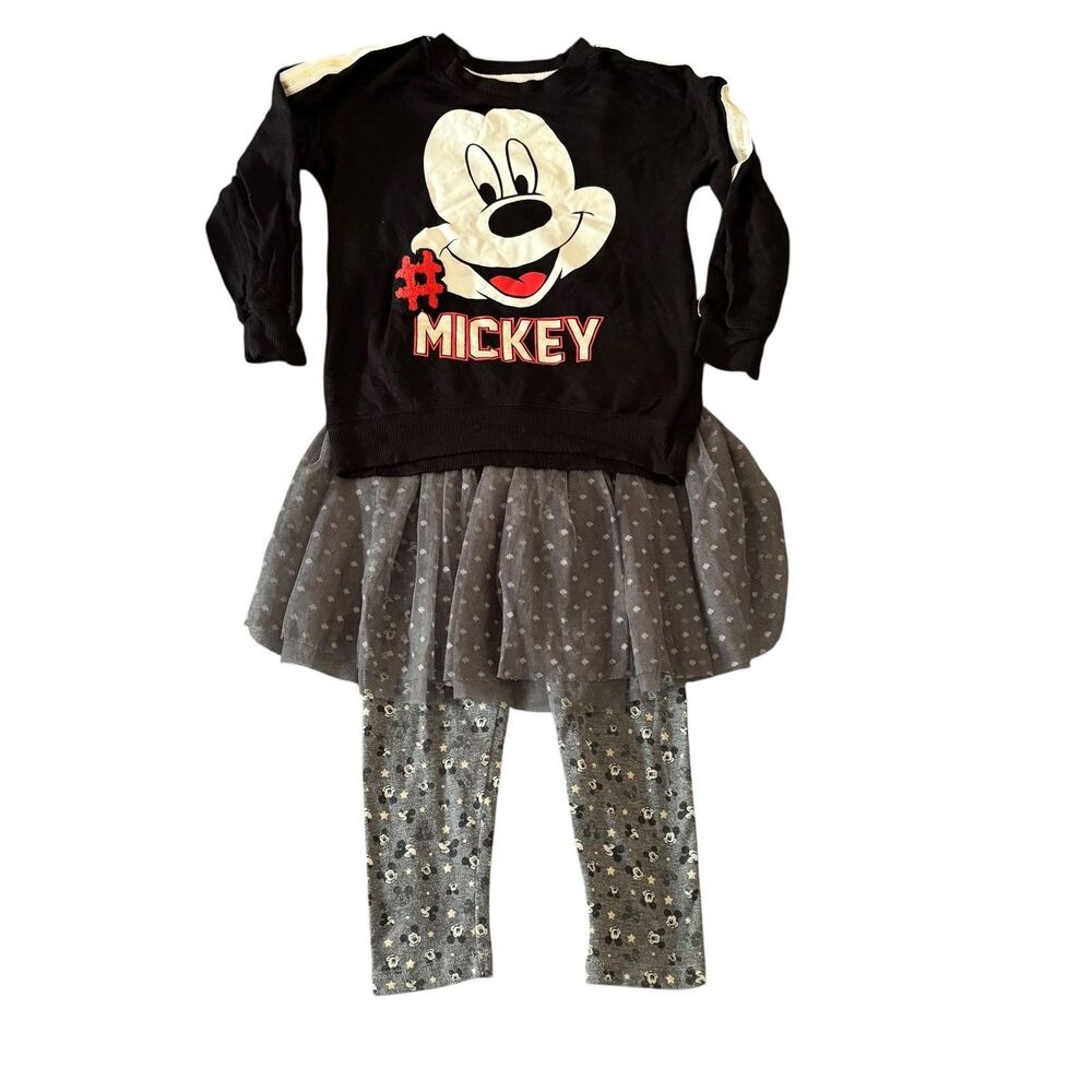 Disney Mickey Mouse Outfit Set Girls 3T Black Gray Gold 2 Piece Sweatshirt Tutu